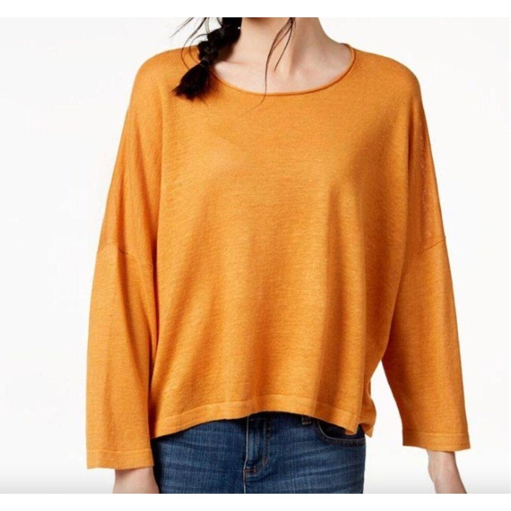 Eileen Fisher‎ Orange Organic Linen Knit Boxy Sweater Loose Fit size Small
